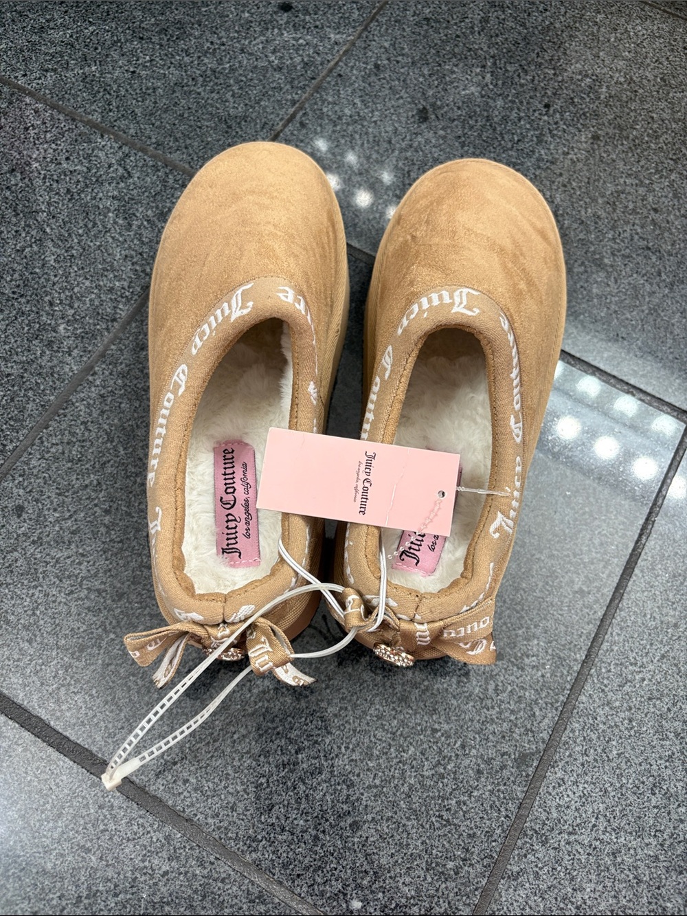 Juicy Couture Tan Plush Bow-Accent Slip-On Slippers